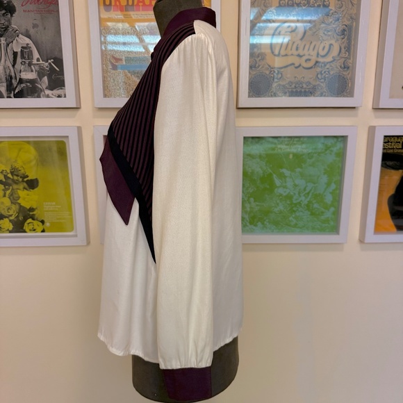 Vintage 90s White Button-Up Blouse w/ Burgundy & Black Striped Panel - Picture 2 of 7